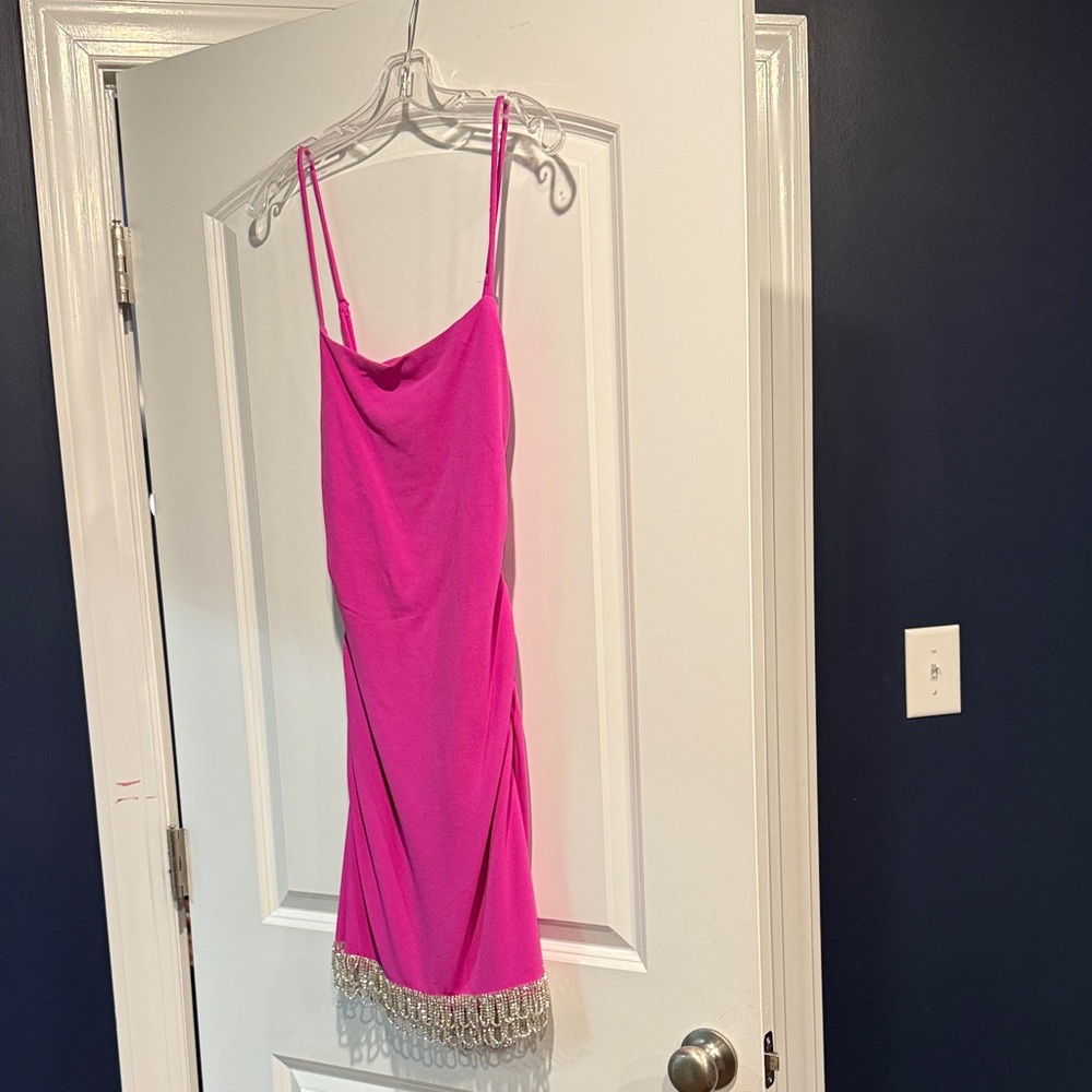 Elegant Pink Mini Dress with Beaded Hem